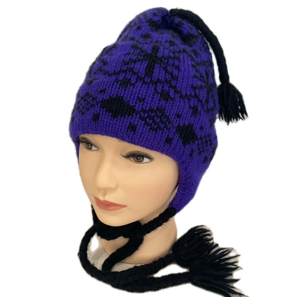 DaBec Hand Knit Snowflake Pattern Beanie Hat with Earflaps Tassel Ties Womens OS